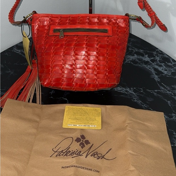 Patricia Nash Woven Leather Valbella Zip Crossbody Bright Coral Red AUTHENTIC - Picture 3 of 15